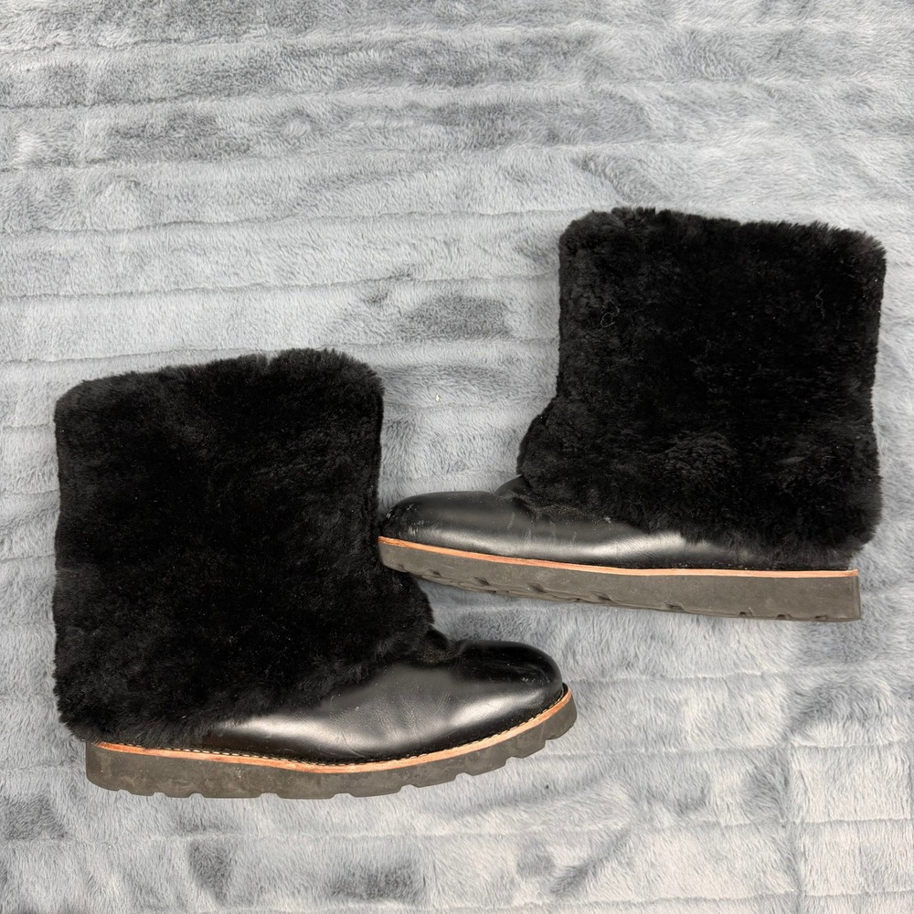 UGG Australia Black Leather Shearling Boots 1001761 Womens 10 Mid Calf